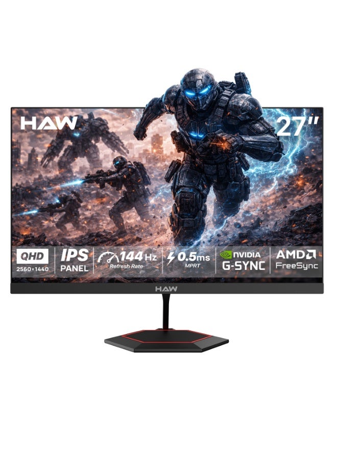HAW Q27IPY 27-Inch QHD Gaming Monitor, 2560×1440 IPS Display, 144Hz Refresh Rate, 0.5ms MPRT, HDMI 2.1 Supported, FreeSync & G-Sync Compatible, Built-in Speakers, Flat Screen, PC & Console Ready – Black